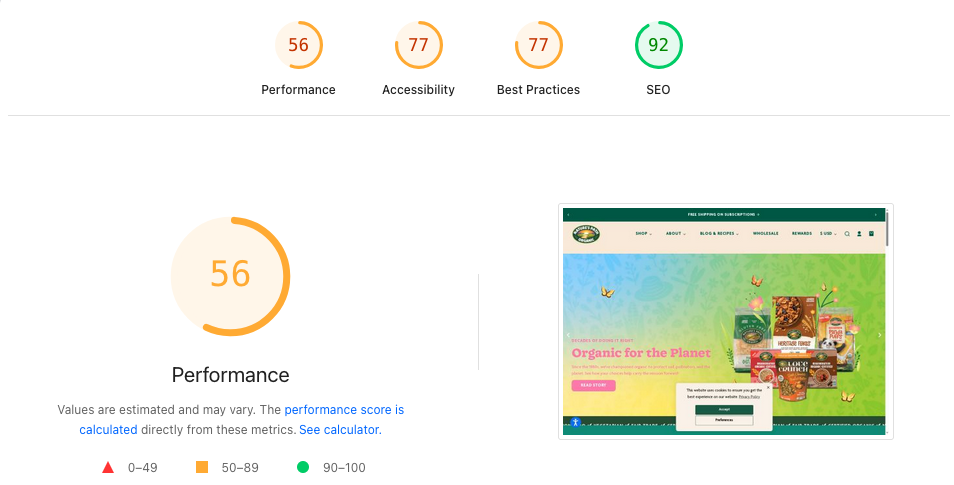 Google PageSpeed Insights desktop report for naturespath.com homepage showing Performance 56, Accessibility 77, Best Practices 77, SEO 92